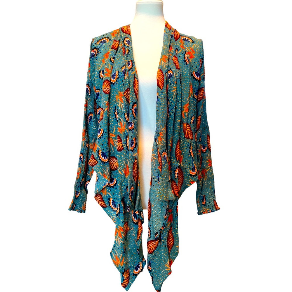 PATRONS OF PEACE TOP SIZE S GREEN FEATHER PRINT HI LOW OPEN TIE FRONT LONG SLE…